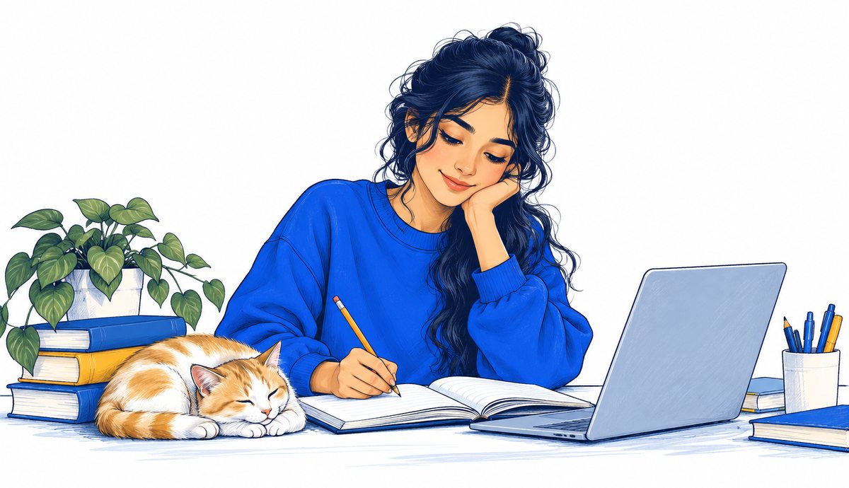 Illustration of a student writing notes next to her laptop, with a cat asleep on the desk